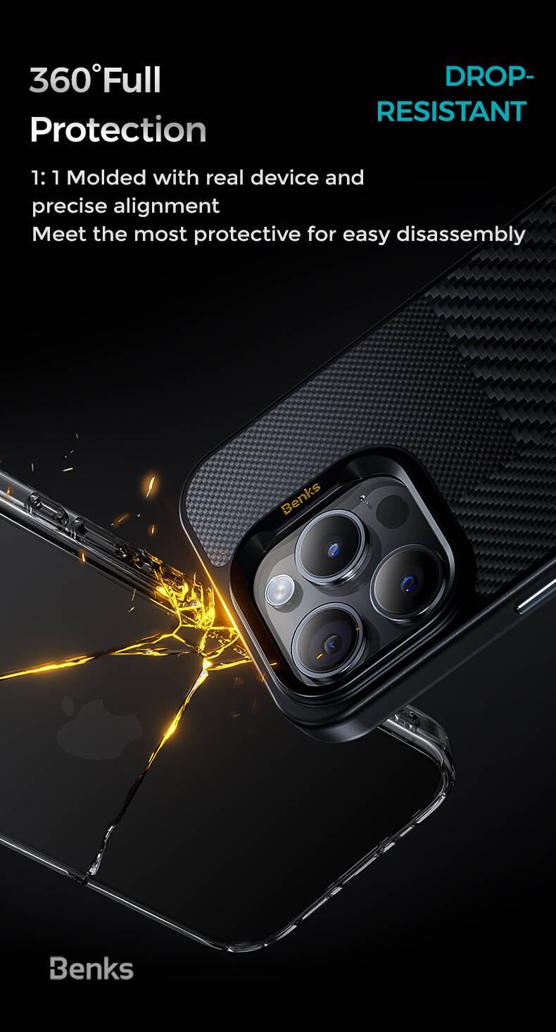 iPhone 15 Pro Max Kılıf Magsafe Şarj Özellikli Karbon Fiber Benks Montage Hybrid ArmorPro Kevlar Kılıf Siyah