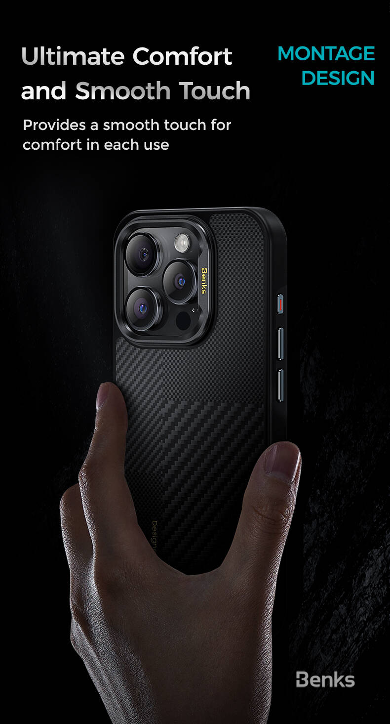 iPhone 15 Pro Max Kılıf Magsafe Şarj Özellikli Karbon Fiber Benks Montage Hybrid ArmorPro Kevlar Kılıf Siyah