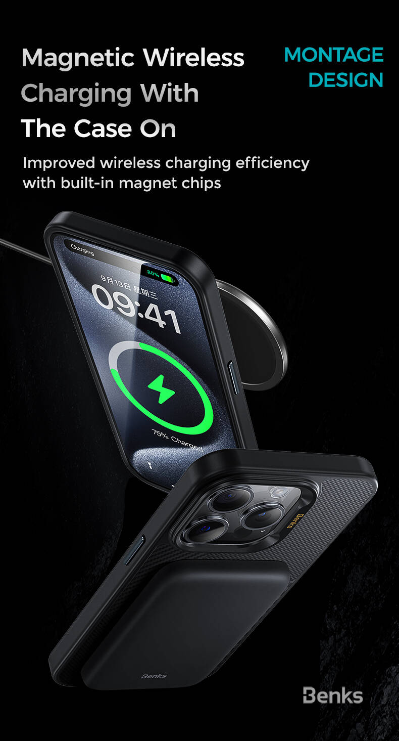 iPhone 15 Pro Max Kılıf Magsafe Şarj Özellikli Karbon Fiber Benks Montage Hybrid ArmorPro Kevlar Kılıf Siyah