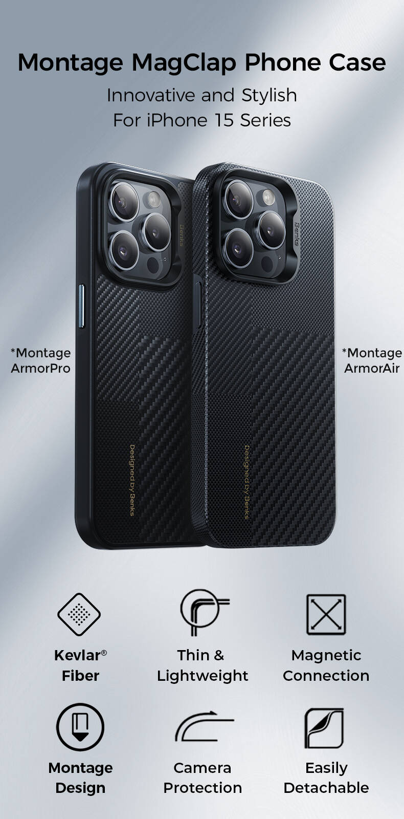 iPhone 15 Pro Max Kılıf Magsafe Şarj Özellikli Karbon Fiber Benks Montage Hybrid ArmorPro Kevlar Kılıf Siyah