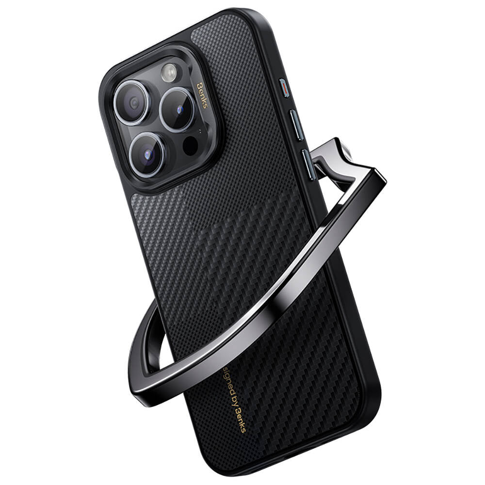 iPhone 15 Pro Max Kılıf Magsafe Şarj Özellikli Karbon Fiber Benks Montage Hybrid ArmorPro Kevlar Kılıf Siyah