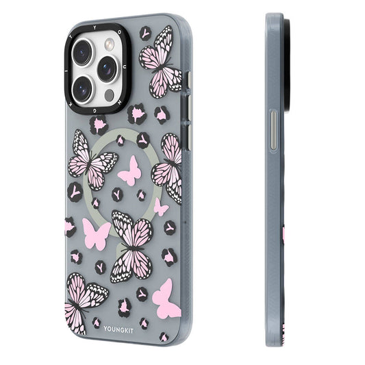 iPhone 15 Pro Max Kılıf Magsafe Şarj Özellikli Kelebek Desenli Youngkit Shadow Dance Serisi Kılıf Pembe