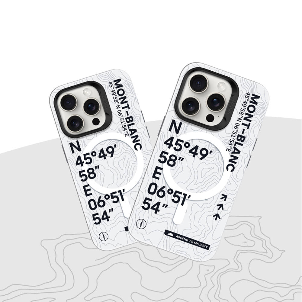 iPhone 15 Pro Max Kılıf Magsafe Şarj Özellikli Koordinat Yazı Desenli Benks Summit Serisi Kılıf Beyaz