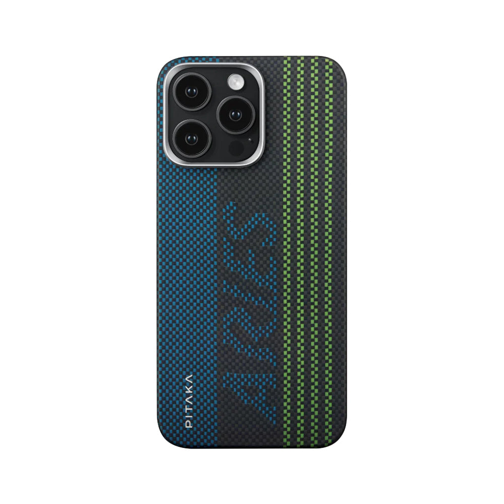 iPhone 15 Pro Max Kılıf Magsafe Şarj Özellikli Lumintex Teknolojili Fosforlu Aramid Fiber Pitaka Tactile Woven Aries Serisi Kılıf Siyah-Mavi