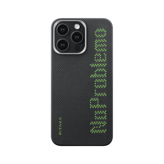 iPhone 15 Pro Max Kılıf Magsafe Şarj Özellikli Lumintex Teknolojili Fosforlu Aramid Fiber Pitaka Tactile Woven Aries Serisi Kılıf Siyah