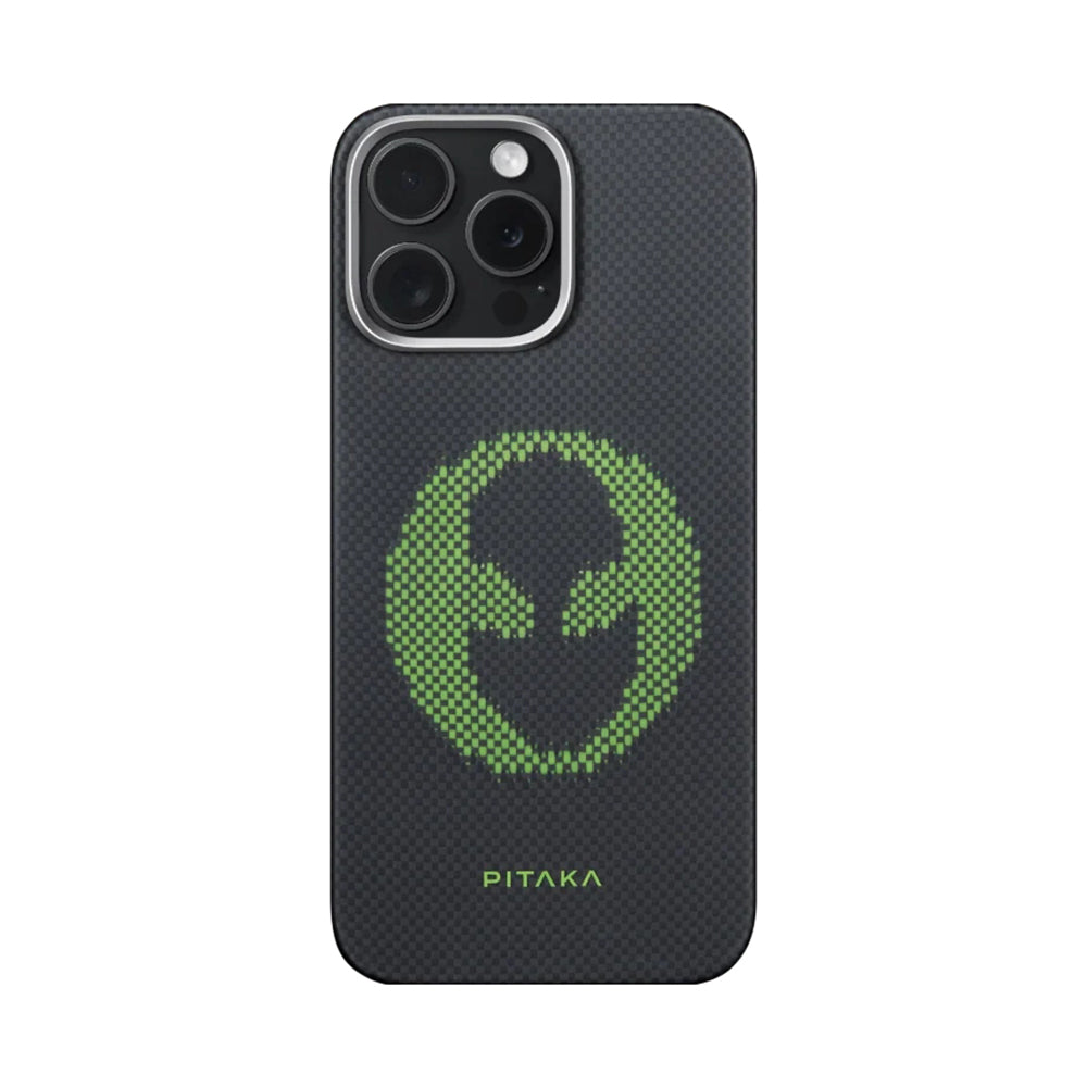 iPhone 15 Pro Max Kılıf Magsafe Şarj Özellikli Lumintex Teknolojili Fosforlu Aramid Fiber Pitaka Tactile Woven Aries Serisi Kılıf Siyah-Yeşil