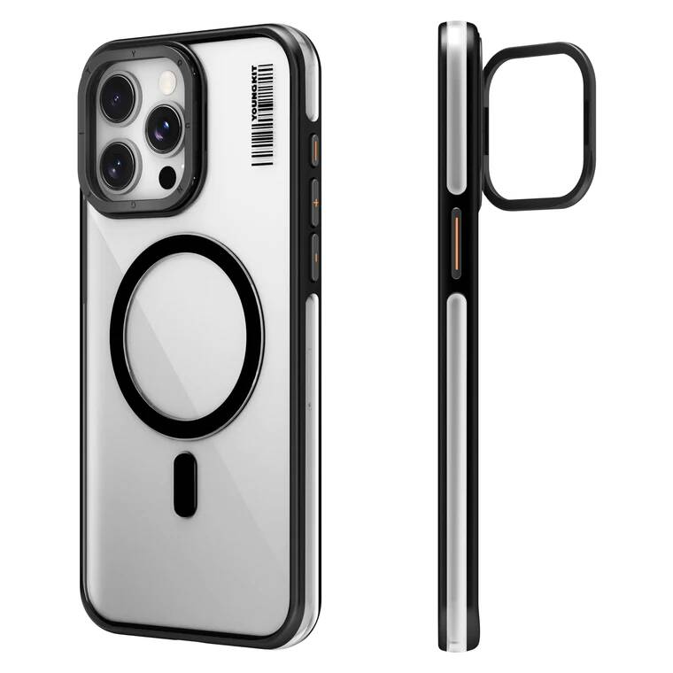 iPhone 15 Pro Max Kılıf Magsafe Şarj Özellikli Sararma Önleyici Youngkit Crystal Grid Kılıf Gümüş