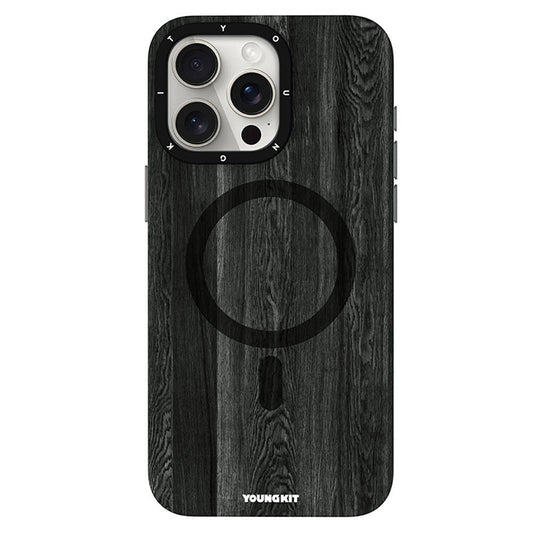 iPhone 15 Pro Max Kılıf Magsafe Şarj Özellikli Sararmaya Dayanıklı Youngkit Wood Forest Serisi Kılıf Siyah