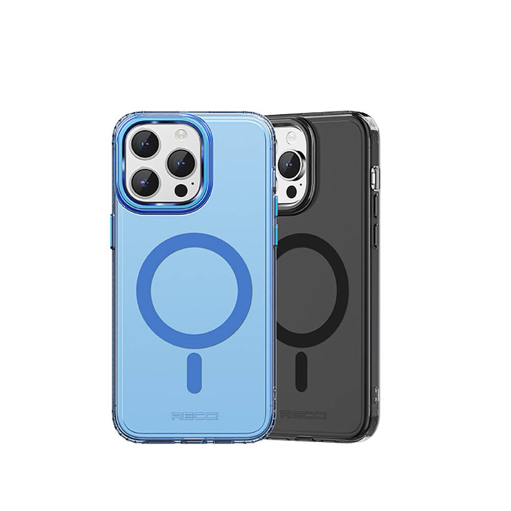 iPhone 15 Pro Max Kılıf Magsafe Şarj Özellikli Saydam Arka Yüzey Recci Crystal Color Serisi Kılıf Mavi