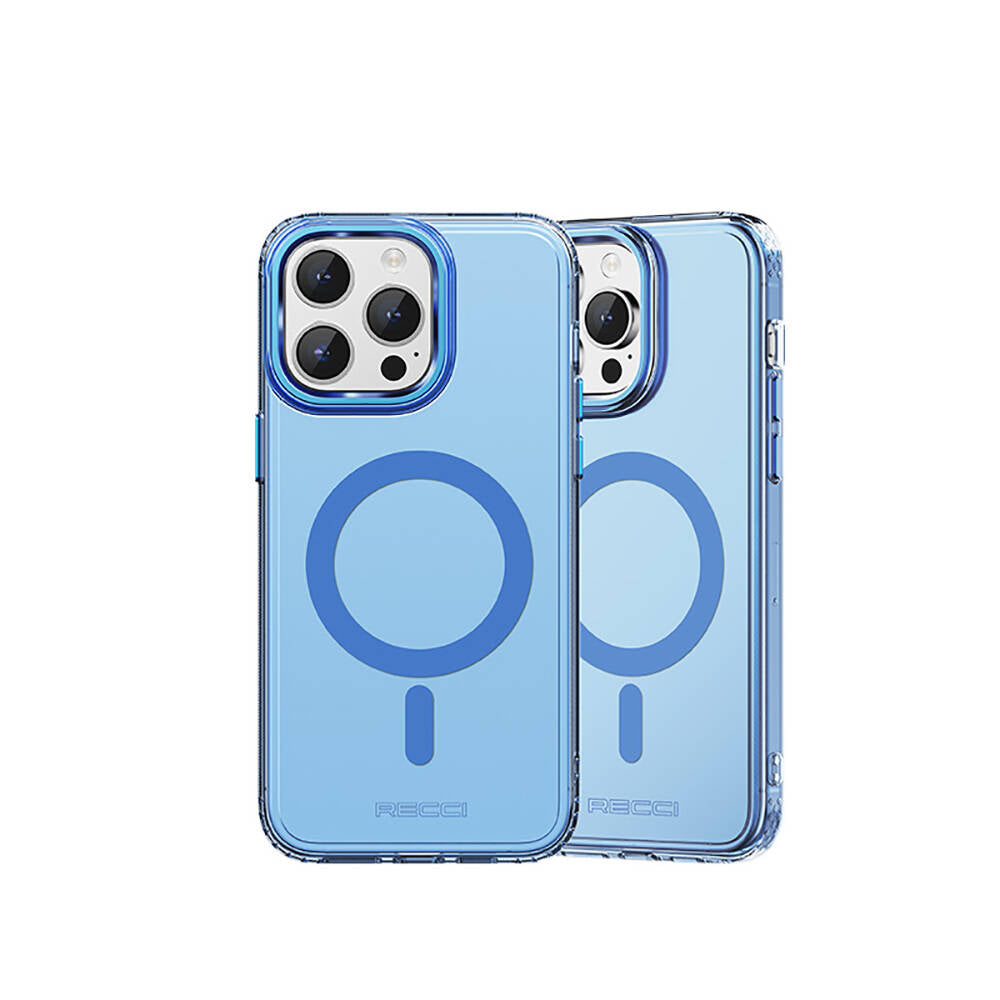 iPhone 15 Pro Max Kılıf Magsafe Şarj Özellikli Saydam Arka Yüzey Recci Crystal Color Serisi Kılıf Mavi