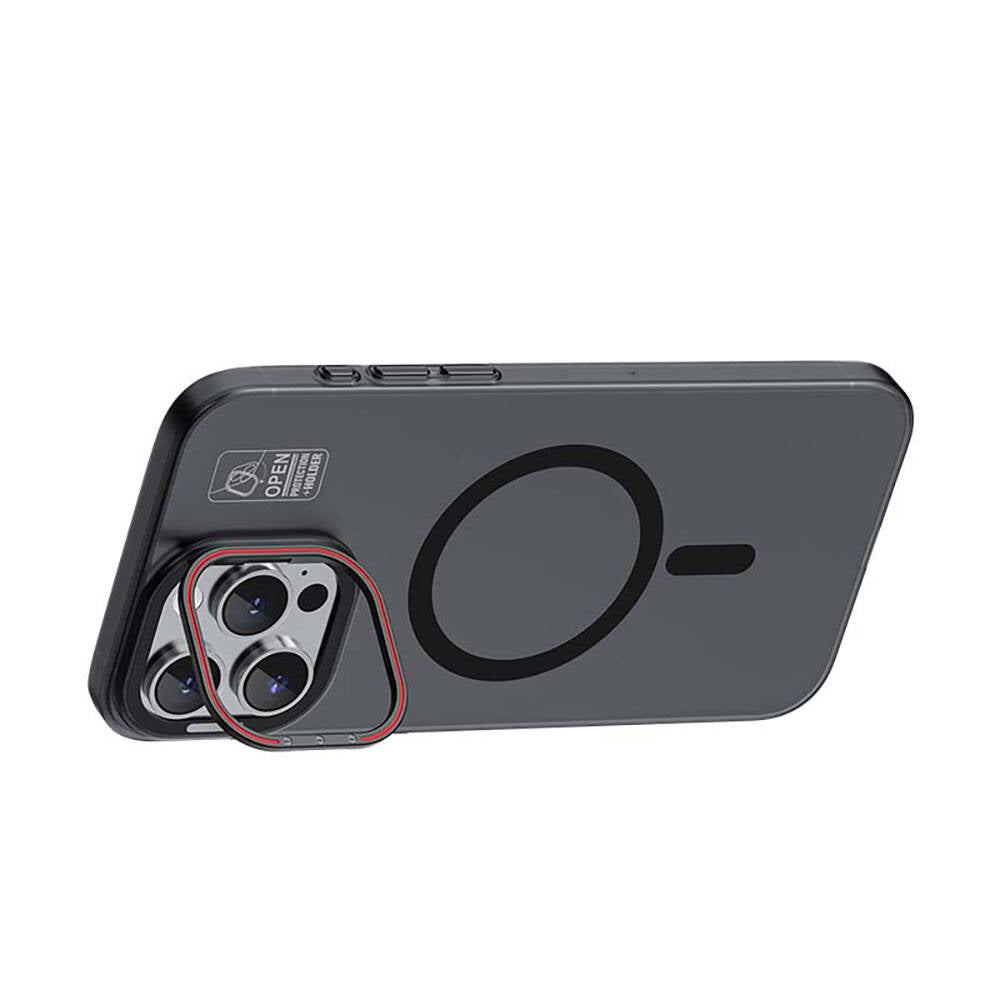 iPhone 15 Pro Max Kılıf Magsafe Şarj Özellikli Standlı Metal Kamera Çerçeveli Mat Recci Glaze Serisi Kılıf Beyaz