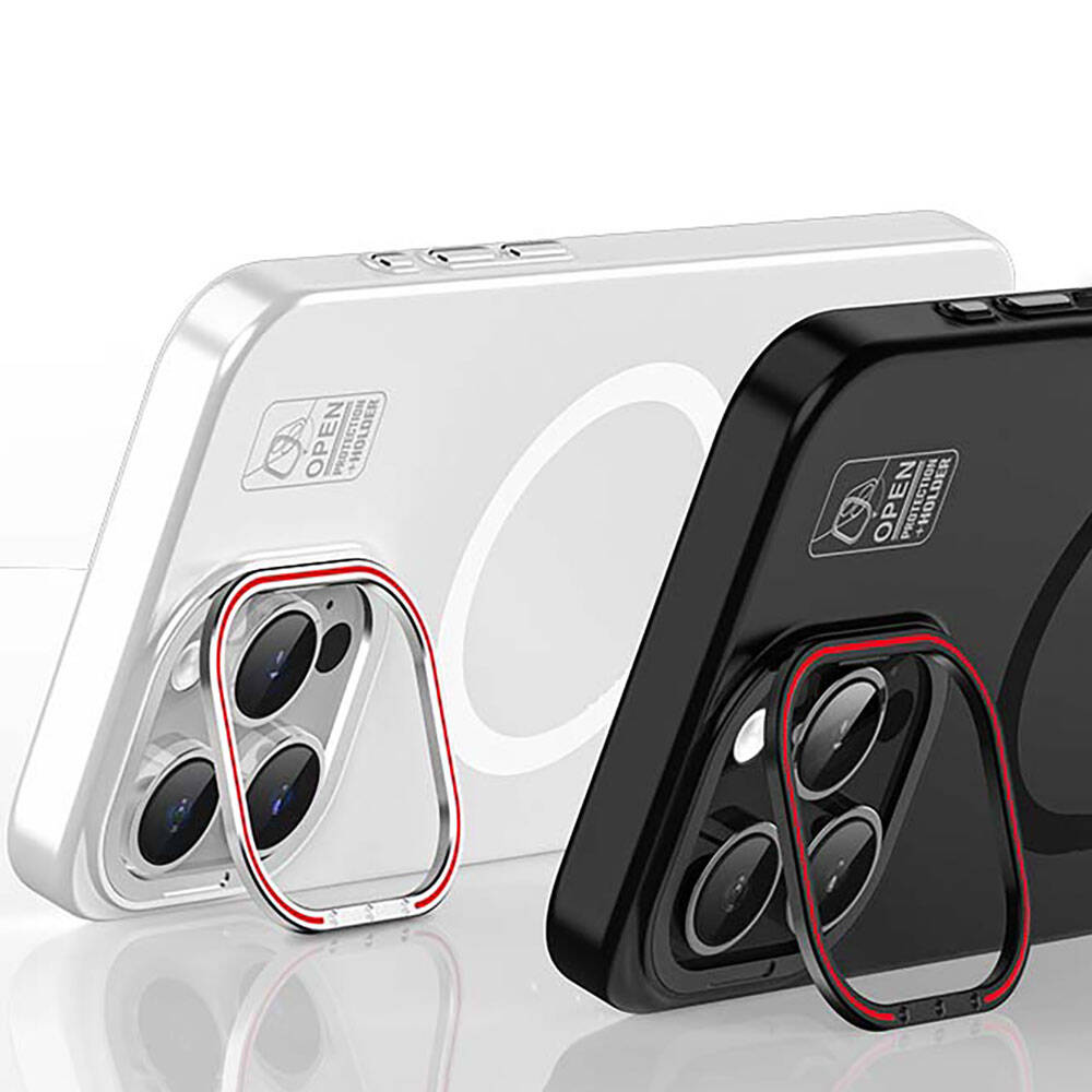 iPhone 15 Pro Max Kılıf Magsafe Şarj Özellikli Standlı Metal Kamera Çerçeveli Mat Recci Glaze Serisi Kılıf Siyah