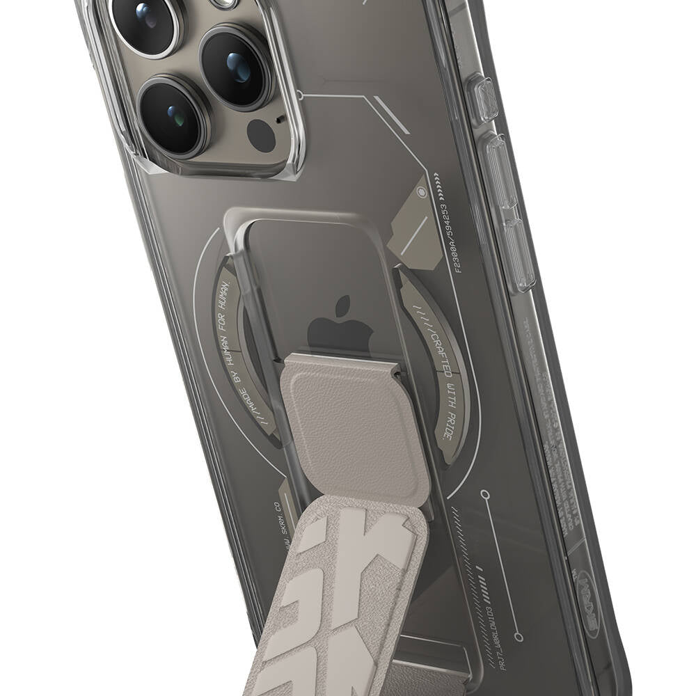 iPhone 15 Pro Max Kılıf Magsafe Şarj Özellikli Teknoloji Desenli Standlı Skinarma Helio Kılıf Gri