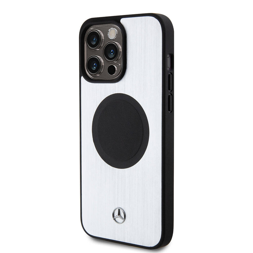 iPhone 15 Pro Max Kılıf Mercedes Benz Orjinal Lisanslı Magsafe Şarj Özellikli Alüminyum Arka Yüzey Metal Yıldız Logolu Kılıf Gümüş
