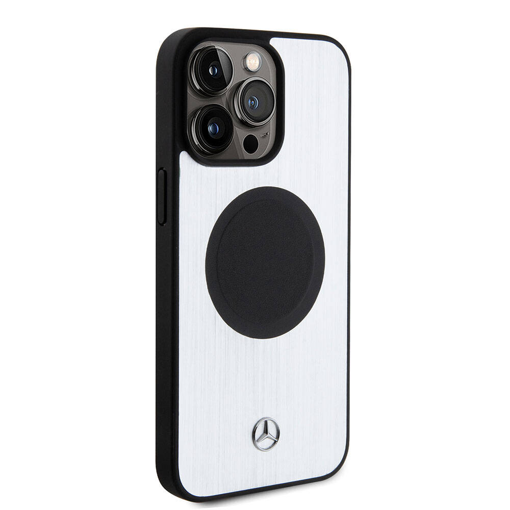 iPhone 15 Pro Max Kılıf Mercedes Benz Orjinal Lisanslı Magsafe Şarj Özellikli Alüminyum Arka Yüzey Metal Yıldız Logolu Kılıf Gümüş