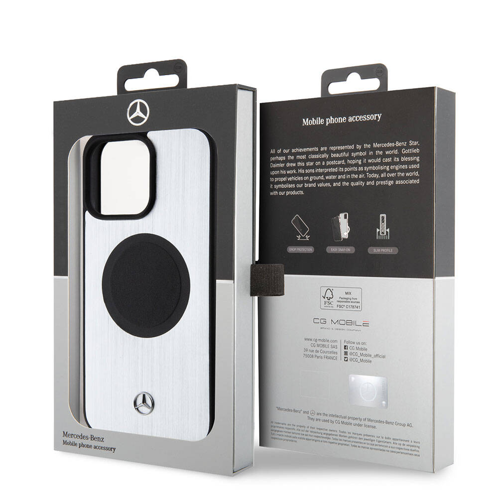 iPhone 15 Pro Max Kılıf Mercedes Benz Orjinal Lisanslı Magsafe Şarj Özellikli Alüminyum Arka Yüzey Metal Yıldız Logolu Kılıf Gümüş