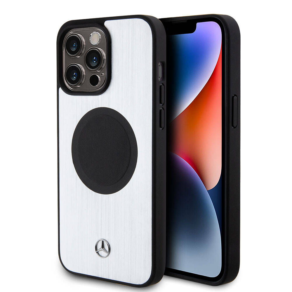 iPhone 15 Pro Max Kılıf Mercedes Benz Orjinal Lisanslı Magsafe Şarj Özellikli Alüminyum Arka Yüzey Metal Yıldız Logolu Kılıf Gümüş