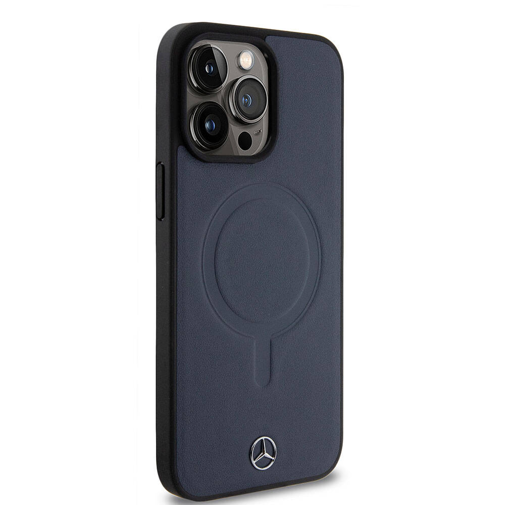 iPhone 15 Pro Max Kılıf Mercedes Benz Orjinal Lisanslı Magsafe Şarj Özellikli Metal Yıldız Logolu Pürüzsüz Deri Kılıf Siyah