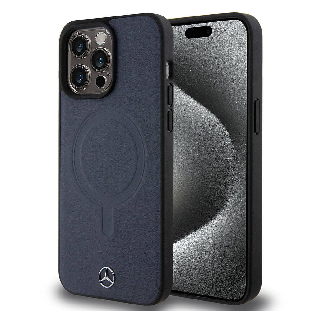 iPhone 15 Pro Max Kılıf Mercedes Benz Orjinal Lisanslı Magsafe Şarj Özellikli Metal Yıldız Logolu Pürüzsüz Deri Kılıf Lacivert