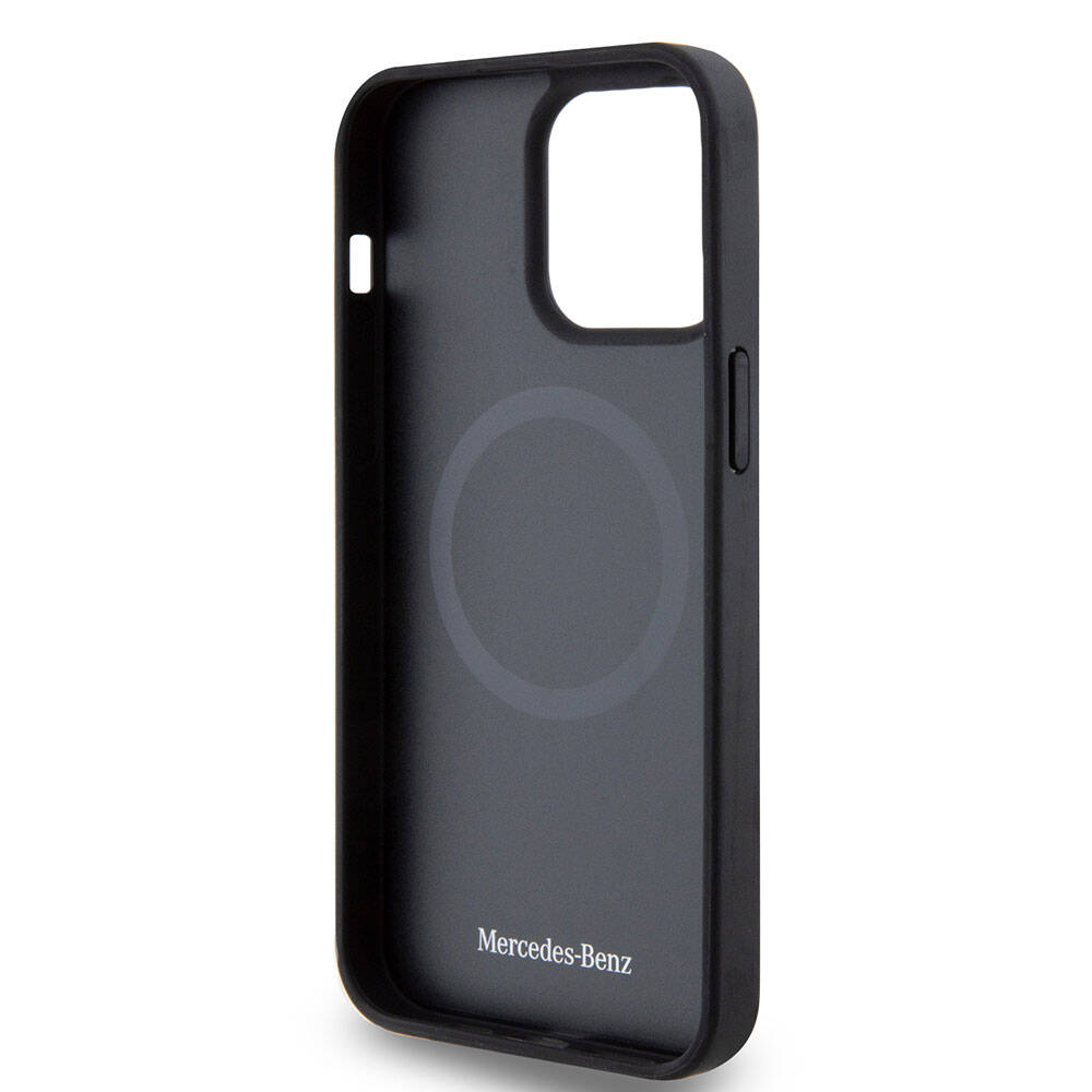 iPhone 15 Pro Max Kılıf Mercedes Benz Orjinal Lisanslı Magsafe Şarj Özellikli Mühürlü Yıldız Desenli ve Logolu Deri Kılıf Siyah