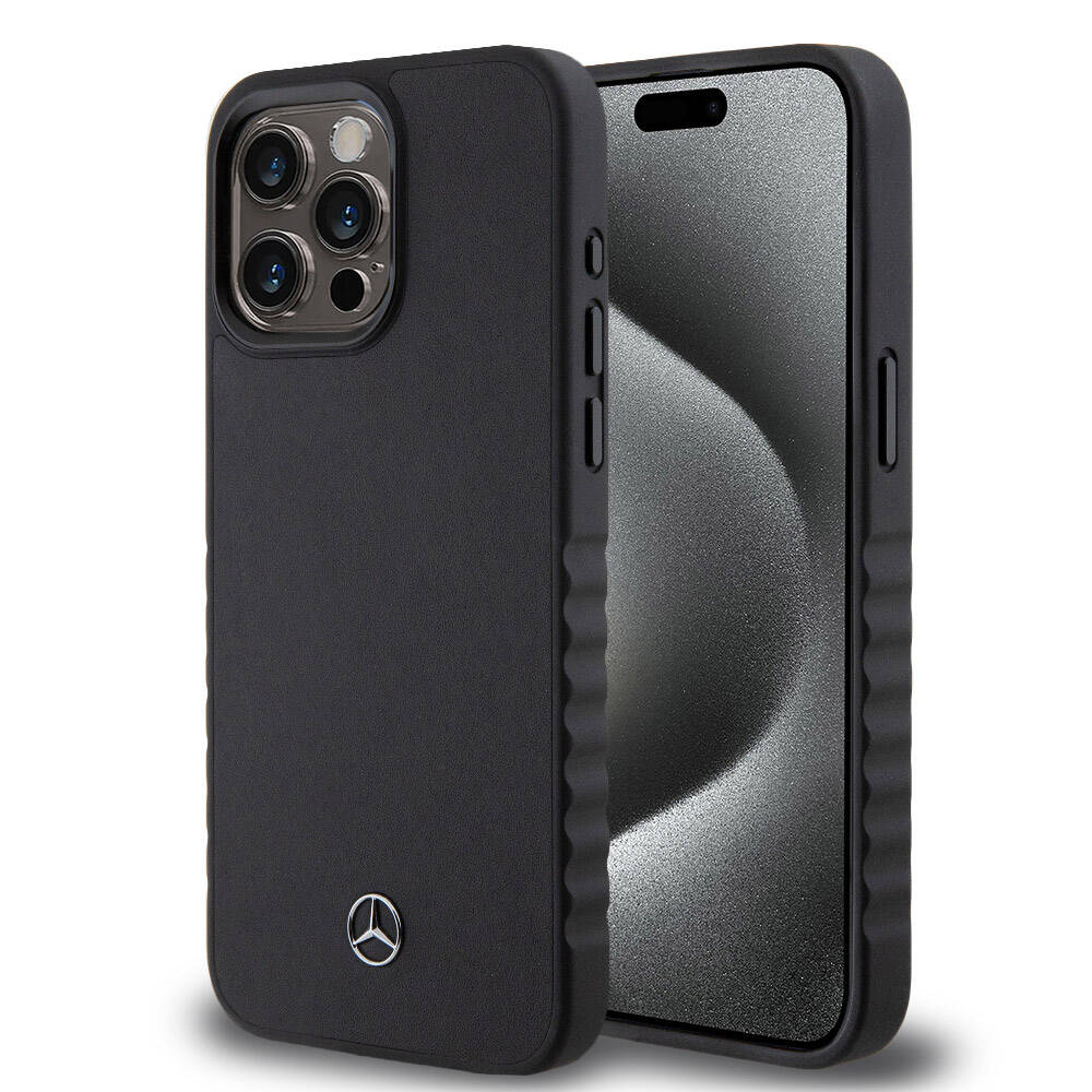 iPhone 15 Pro Max Kılıf Mercedes Benz Orjinal Lisanslı Tırtıklı Kenar Tasarımlı Metal Yıldız Logolu Pürüzsüz Hakiki Deri Kılıf Siyah