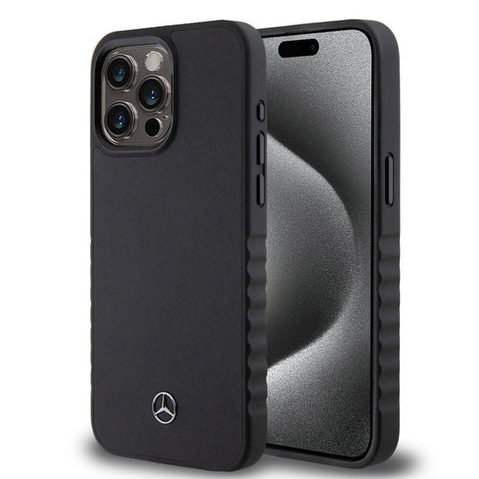 iPhone 15 Pro Max Kılıf Mercedes Benz Orjinal Lisanslı Tırtıklı Kenar Tasarımlı Metal Yıldız Logolu Pürüzsüz Hakiki Deri Kılıf Siyah