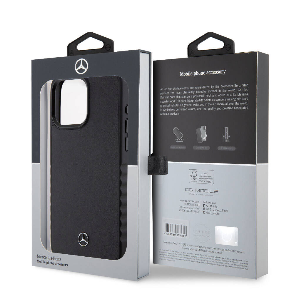 iPhone 15 Pro Max Kılıf Mercedes Benz Orjinal Lisanslı Tırtıklı Kenar Tasarımlı Metal Yıldız Logolu Pürüzsüz Hakiki Deri Kılıf Siyah