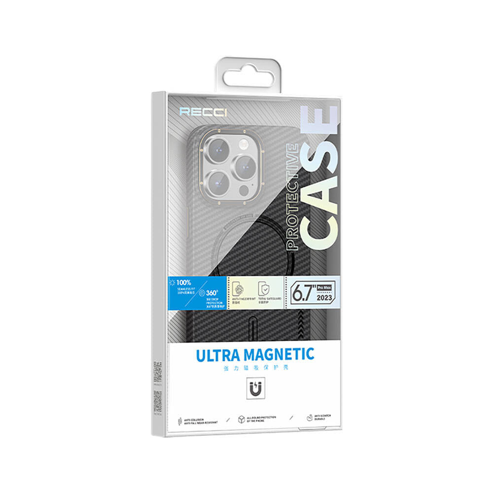 iPhone 15 Pro Max Kılıf Recci Machinist Serisi Magsafe Şarj Özellikli Magnetik Karbon Kılıf Siyah