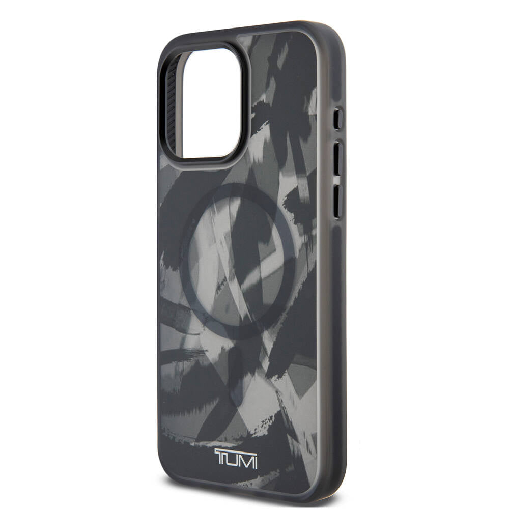iPhone 15 Pro Max Kılıf TUMI Orjinal Lisanslı Magsafe Şarj Özellikli Buzlanmış Saydam Fırça Kamuflajı Desenli Kılıf Siyah