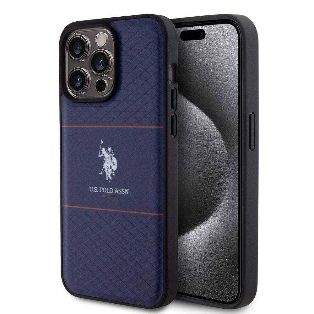iPhone 15 Pro Max Kılıf U.S. Polo Assn. Orjinal Lisanslı Deri Şeritli Logo Dizayn Kılıf Lacivert