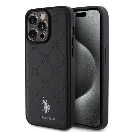 iPhone 15 Pro Max Kılıf U.S. Polo Assn. Orjinal Lisanslı HS Desenli Baskı Logolu Suni Deri Kılıf Siyah