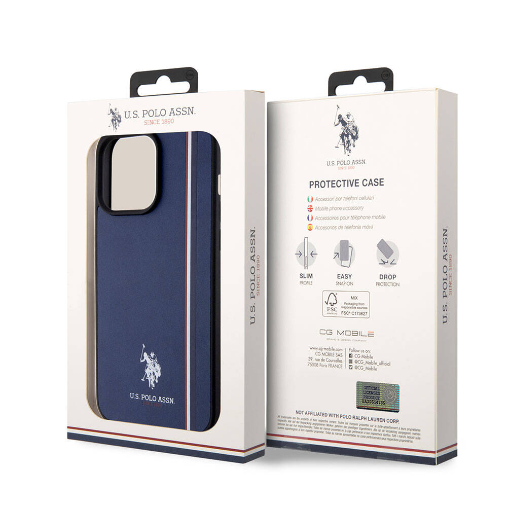 iPhone 15 Pro Max Kılıf U.S. Polo Assn. Orjinal Lisanslı Üç Renk Şerit Tasarımlı Baskı Logolu Kılıf Lacivert