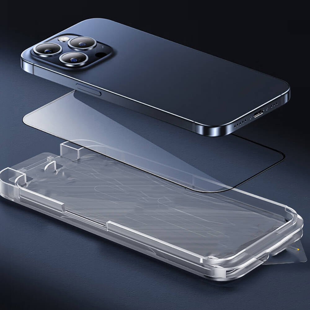 iPhone 15 Pro Max Wiwu SQ-008 Oleofobik Easy Install Darbeye Karşı Dayanıklı Temperli Cam Ekran Koruyucu + Kolay Uygulama Aparatlı Siyah