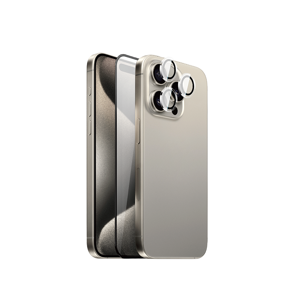 iPhone 15 Pro Max Wiwu Wi-IP002 2in1 Temperli Cam Ahize Toz Önleyici Ekran Koruyucu ve Kamera Lens Koruyucu Set Siyah