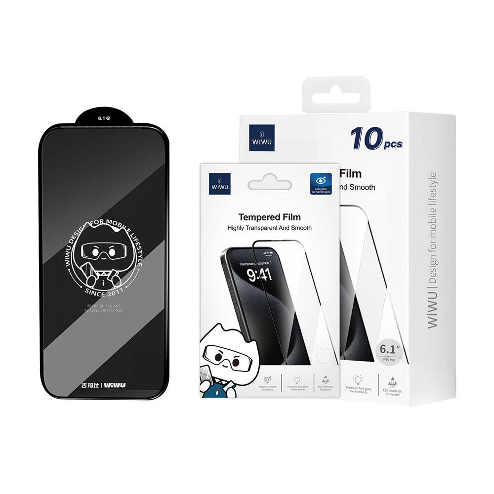 iPhone 15 Pro Wiwu GT-008 Polimer Oleofobik Kaplama Şeffaf Pürüzsüz Temperli Cam Ekran Koruyucu 10'lu Paket Siyah