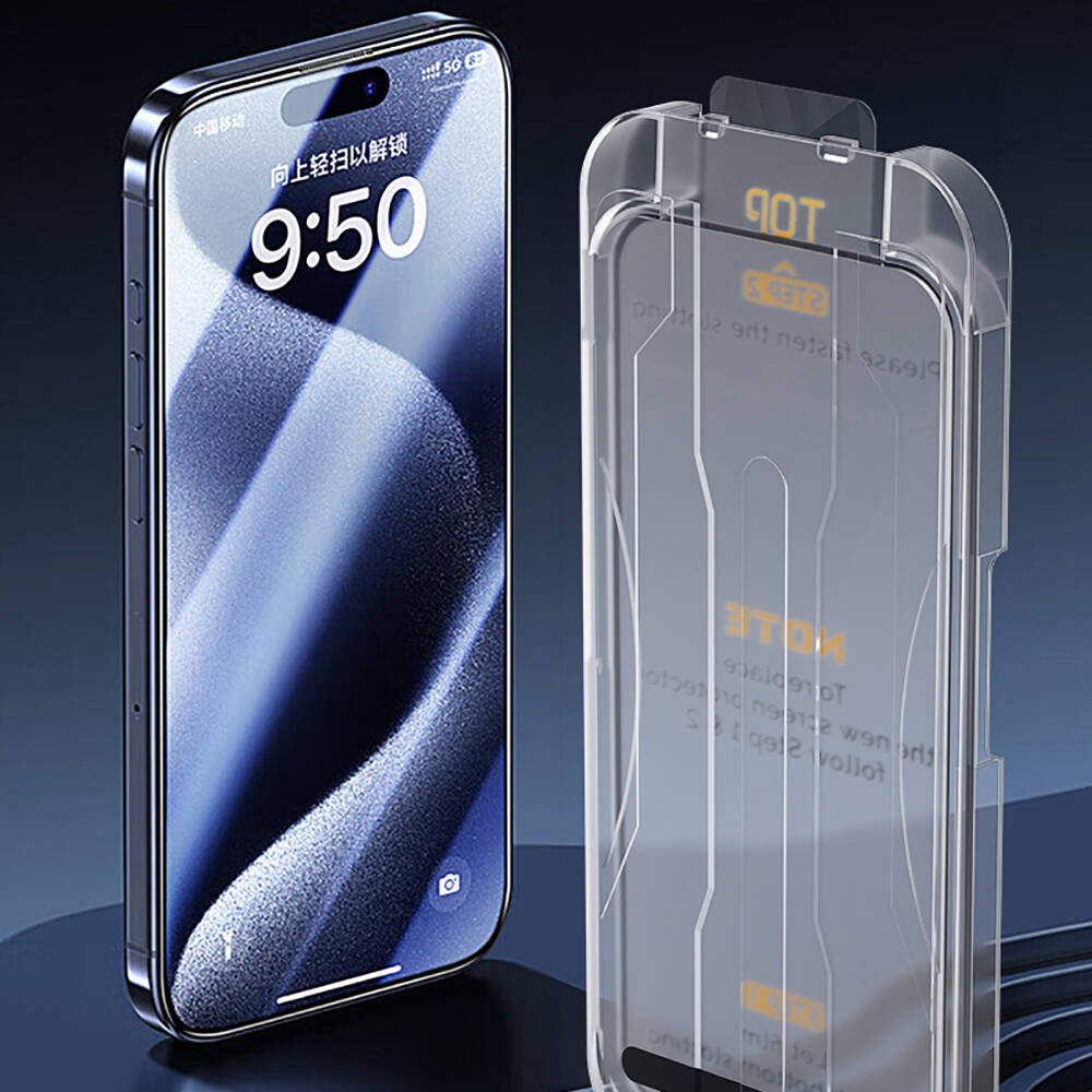 iPhone 15 Pro Wiwu SQ-008 Oleofobik Easy Install Darbeye Karşı Dayanıklı Temperli Cam Ekran Koruyucu + Kolay Uygulama Aparatlı Siyah