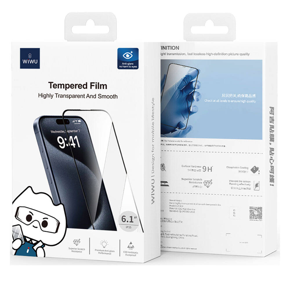 iPhone 15 Wiwu GT-009 Polimer Oleofobik Kaplama Şeffaf Pürüzsüz Temperli Cam Ekran Koruyucu Siyah