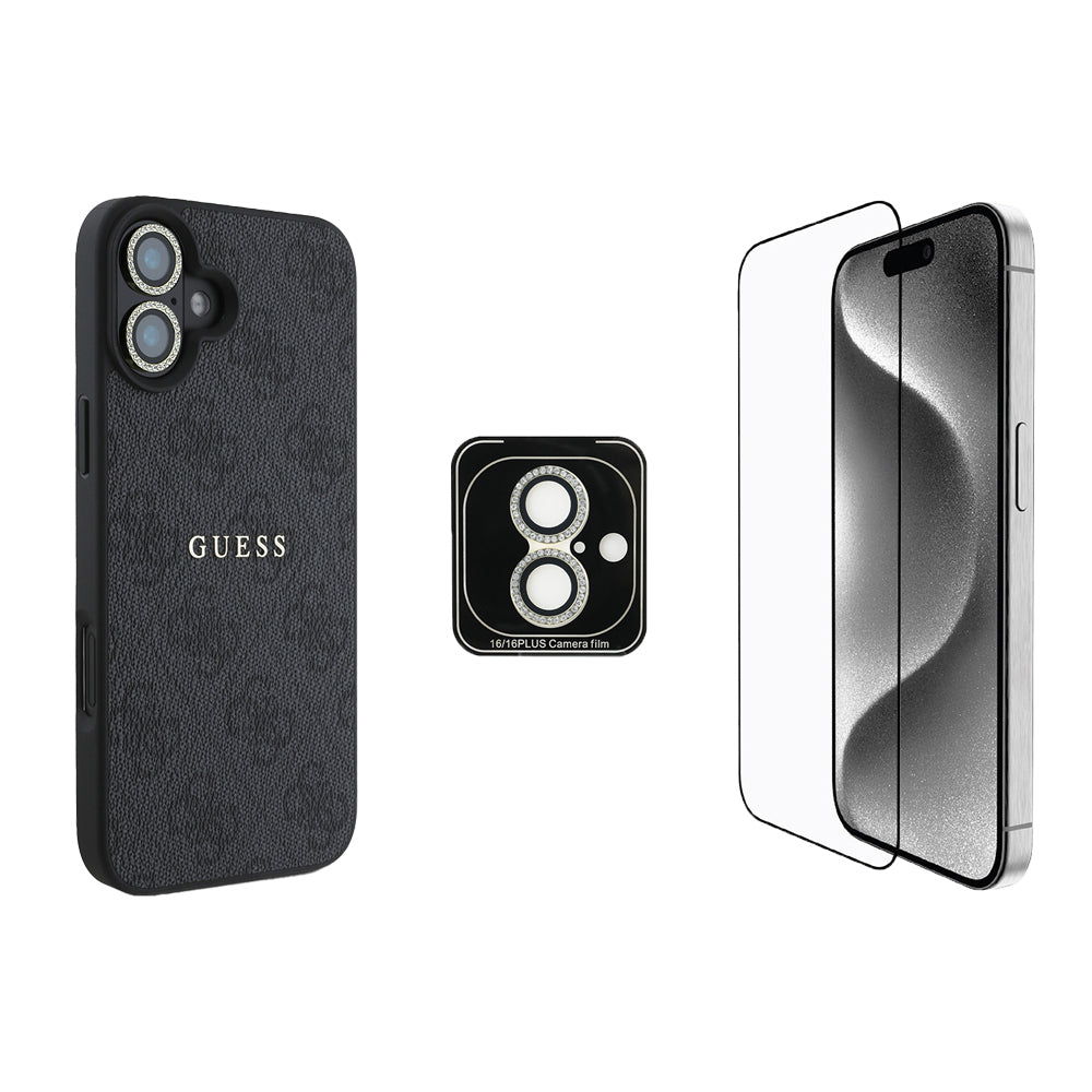 Apple iPhone 16 Guess Orjinal Lisanslı Kılıf + Ekran Koruyucu + Lens Koruyucu 3in1 Aksesuar Seti