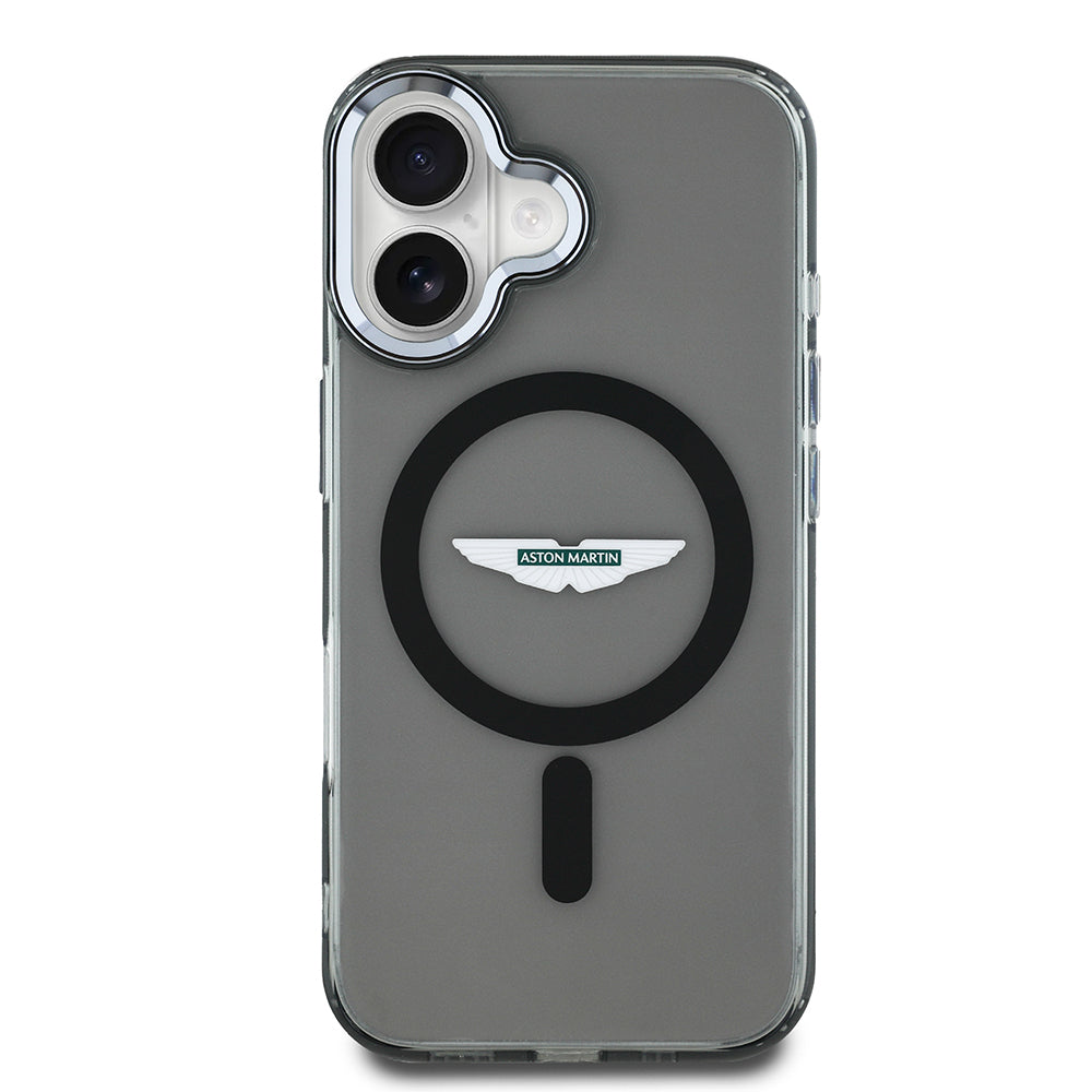 Apple iPhone 16 Kılıf Aston Martin Orjinal Lisanslı M-safe Şarj Özellikli IML Baskı Logolu Buzlu Kapak Siyah