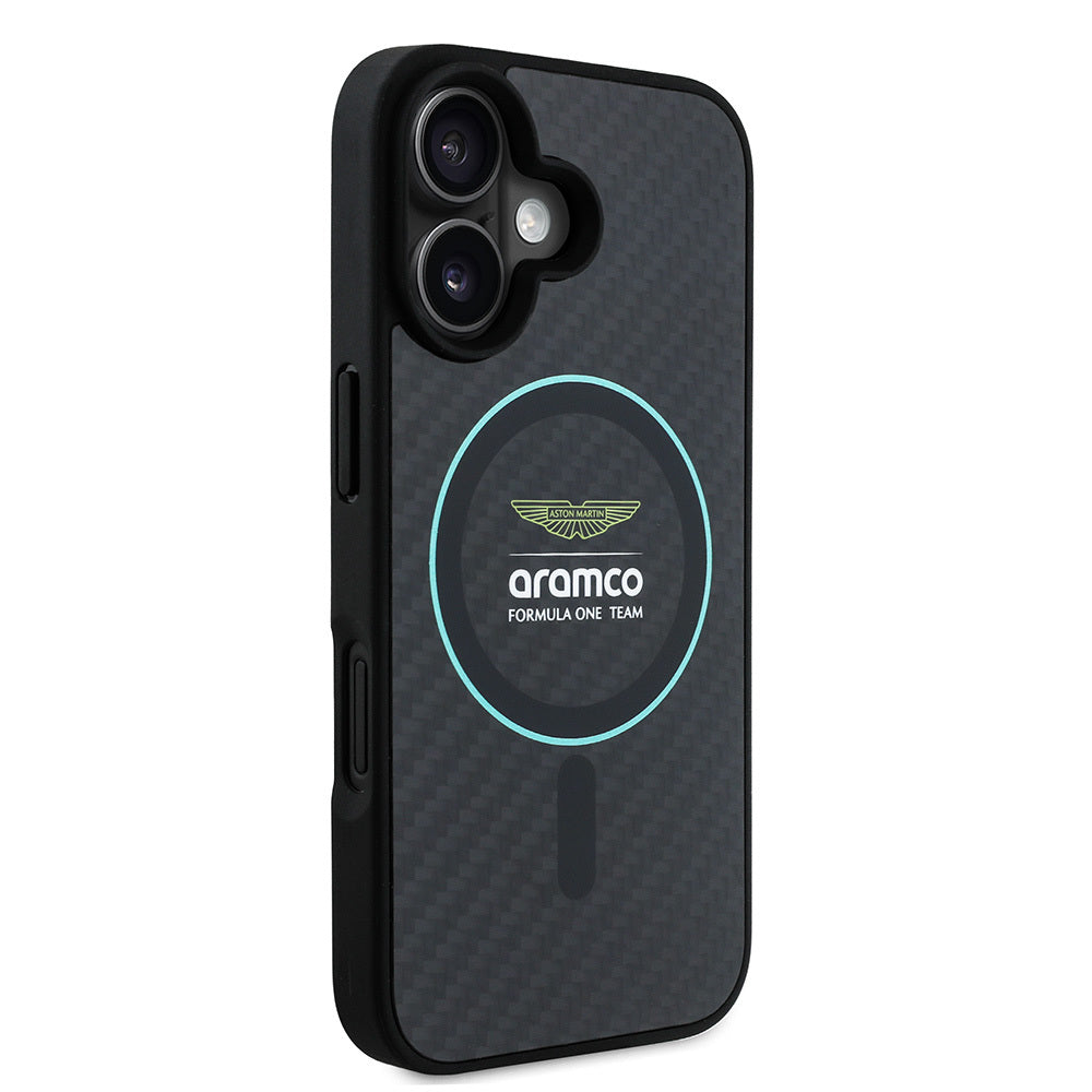 Apple iPhone 16 Kılıf Aston Martin Orjinal Lisanslı M-safe Şarj Özellikli Renkli Halka ve Karbon Fiber Tasarımlı Kapak Siyah-Yeşil