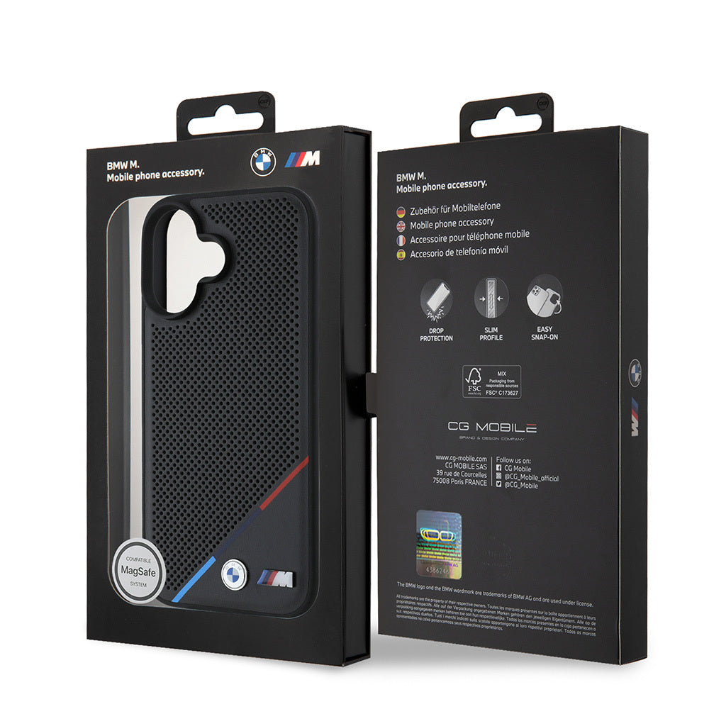 iPhone 16 Kılıf BMW Orjinal Lisanslı Magsafe Şarj Özellikli M Logolu Üç Çizgili Delikli Deri Kılıf Siyah