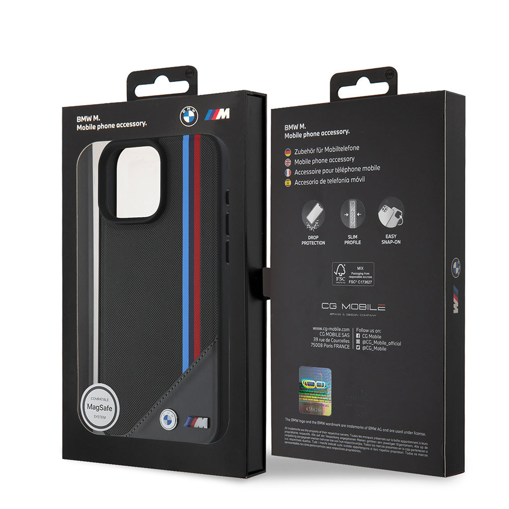 iPhone 16 Kılıf BMW Orjinal Lisanslı Magsafe Şarj Özellikli M Logolu Üç Çizgili Dikiş Detaylı Meshed Tricolor Stripes Kılıf Siyah