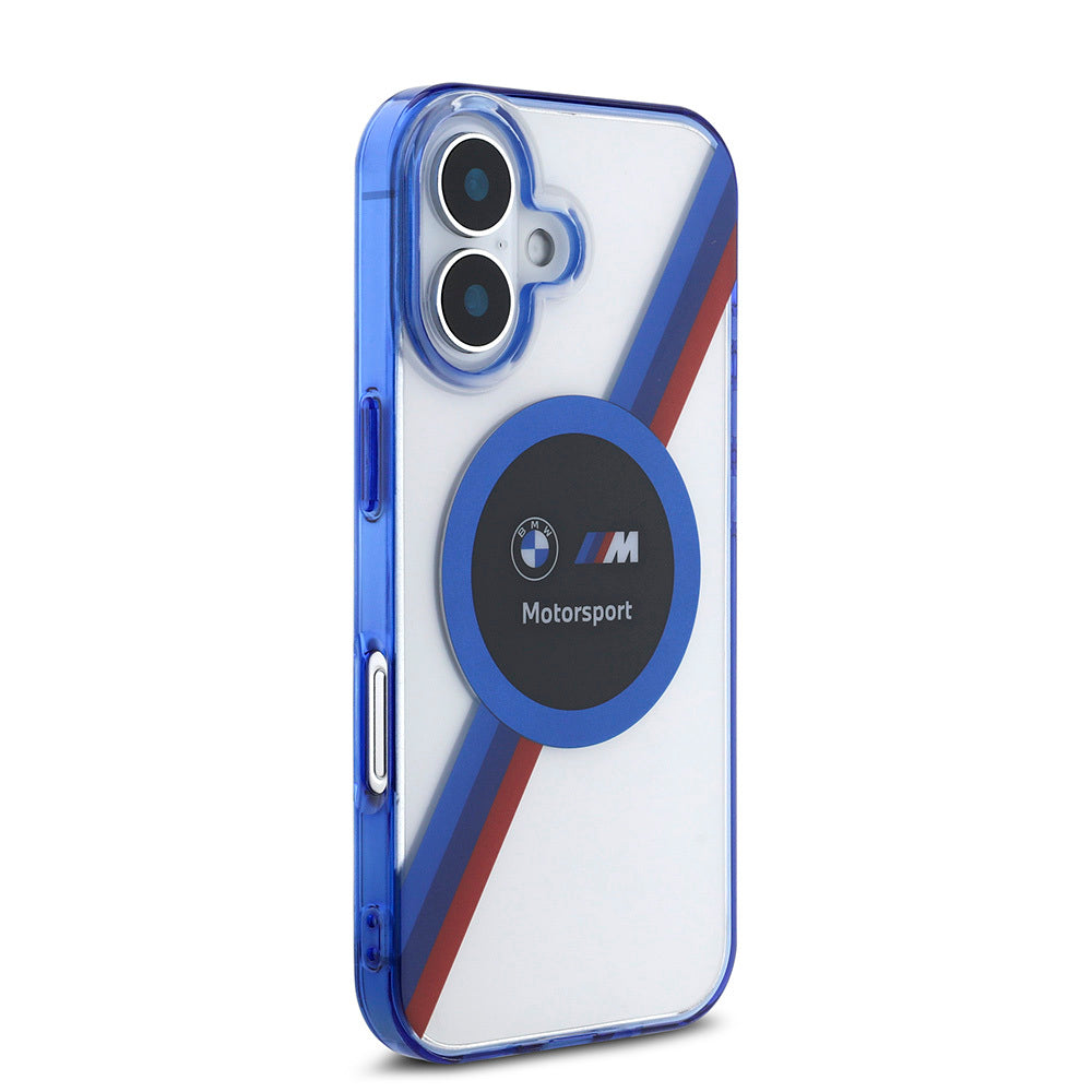 iPhone 16 Kılıf BMW Orjinal Lisanslı Magsafe Şarj Özellikli M Logolu Üç Renk Çizgili Motorsport Circle Kılıf Şeffaf