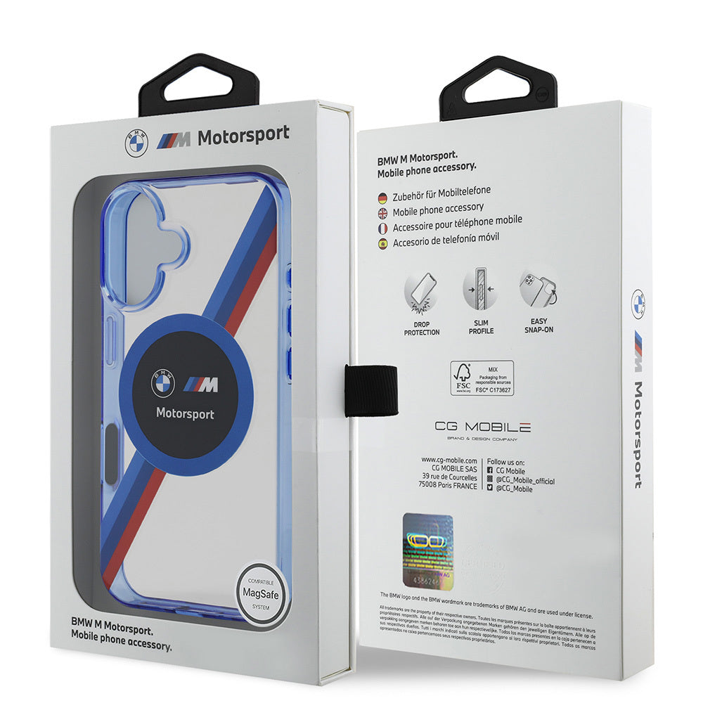 iPhone 16 Kılıf BMW Orjinal Lisanslı Magsafe Şarj Özellikli M Logolu Üç Renk Çizgili Motorsport Circle Kılıf Şeffaf