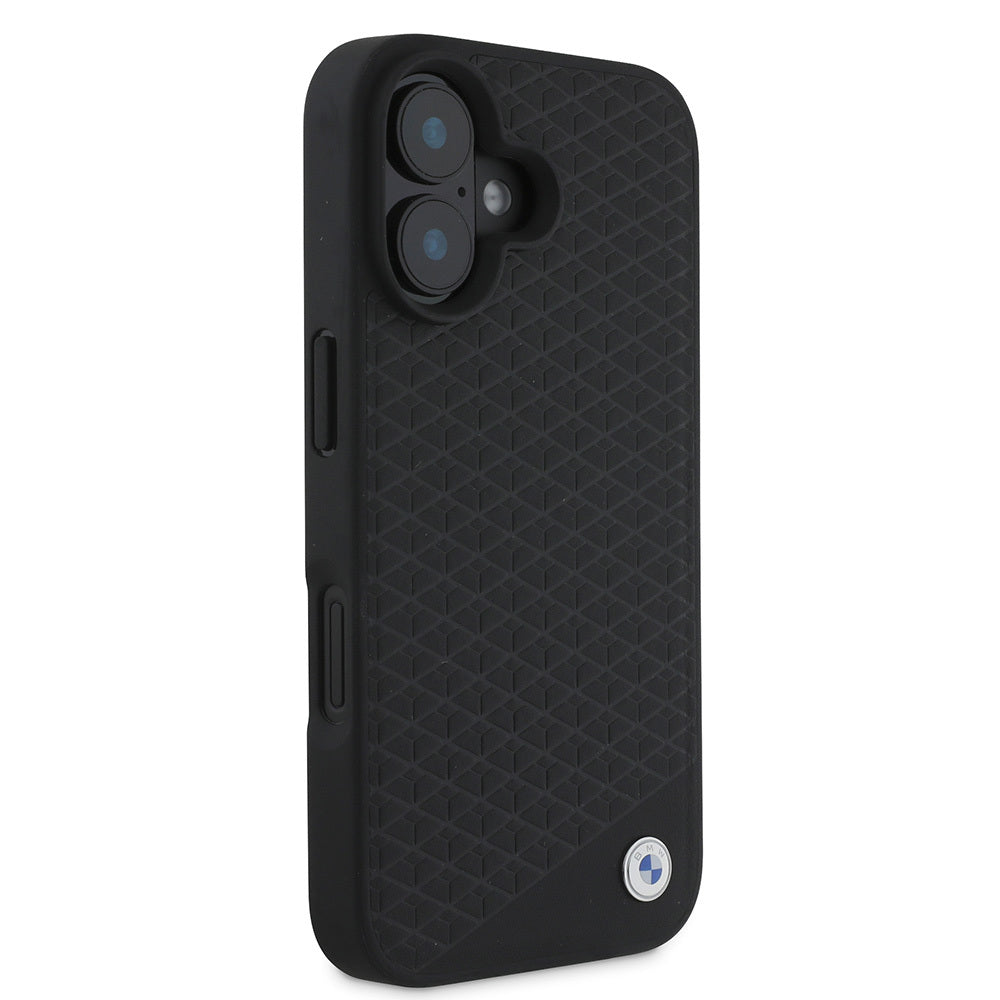 iPhone 16 Kılıf BMW Orjinal Lisanslı Magsafe Şarj Özellikli Metal Logolu Dokulu Diamond Deri Kılıf Siyah