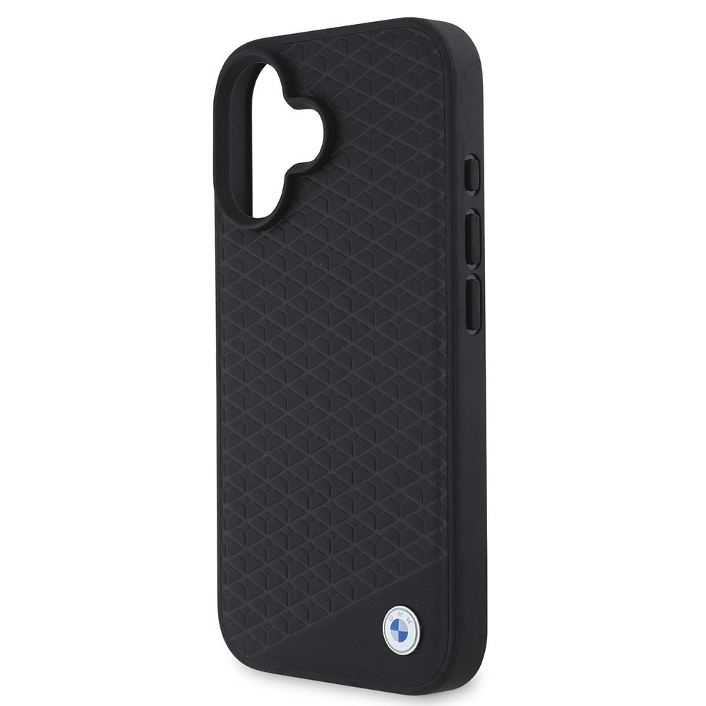 iPhone 16 Kılıf BMW Orjinal Lisanslı Magsafe Şarj Özellikli Metal Logolu Dokulu Diamond Deri Kılıf Siyah