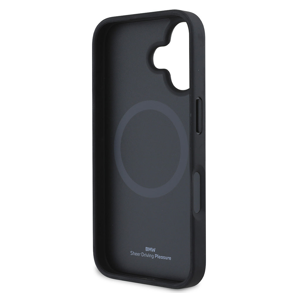 iPhone 16 Kılıf BMW Orjinal Lisanslı Magsafe Şarj Özellikli Metal Logolu Dokulu Diamond Deri Kılıf Siyah