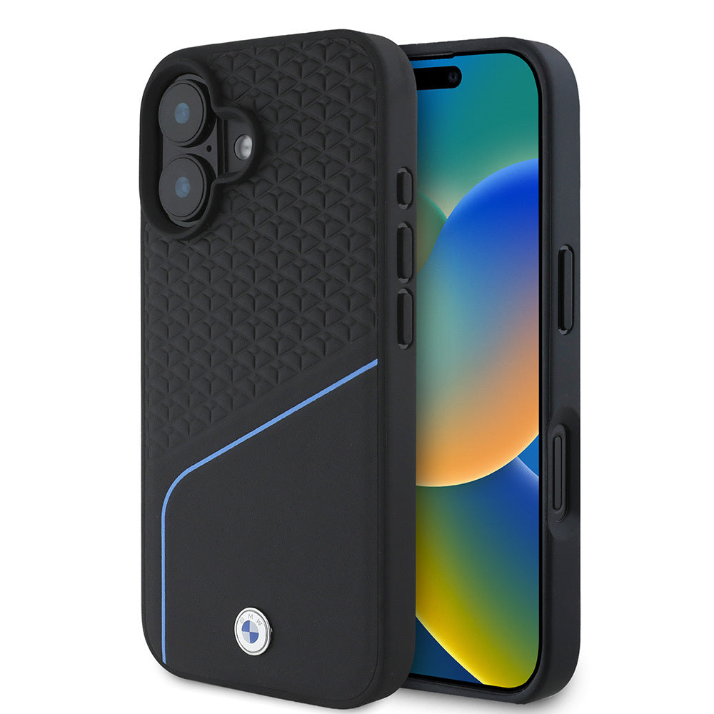 iPhone 16 Kılıf BMW Orjinal Lisanslı Magsafe Şarj Özellikli Metal Logolu Dokulu ve Çizgili Deri Kılıf Siyah