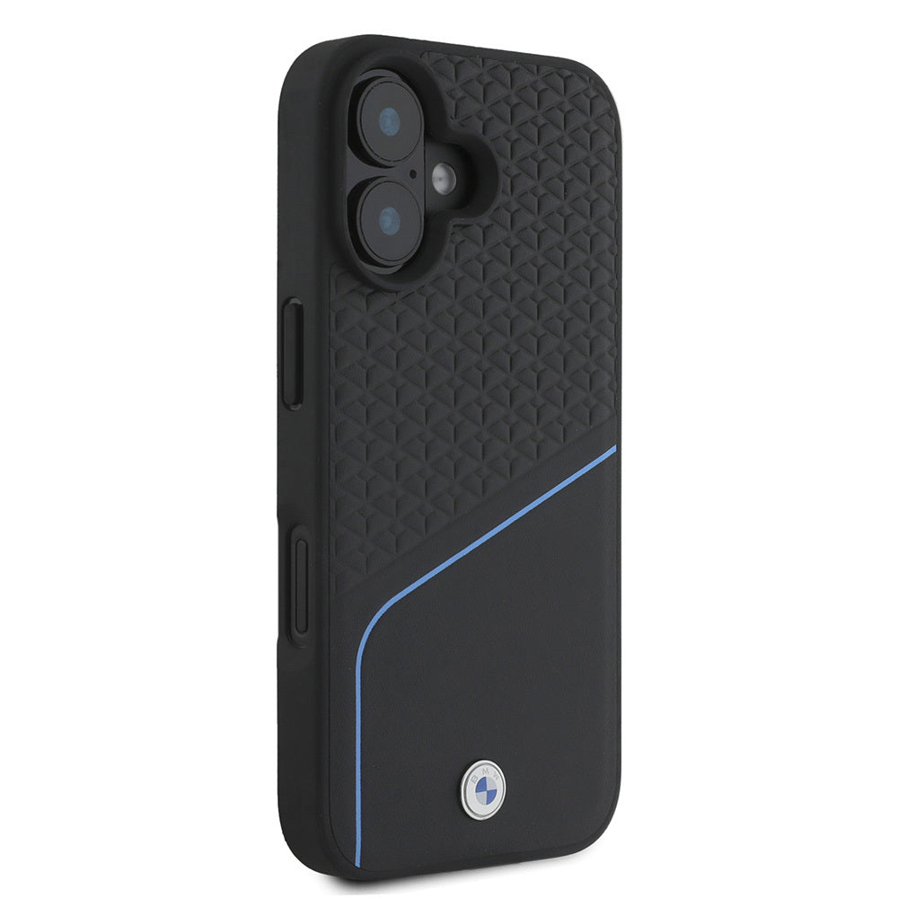 Apple iPhone 16 Kılıf BMW Orjinal Lisanslı M-safe Şarj Özellikli Metal Logolu Dokulu ve Çizgili Deri Kapak Gri