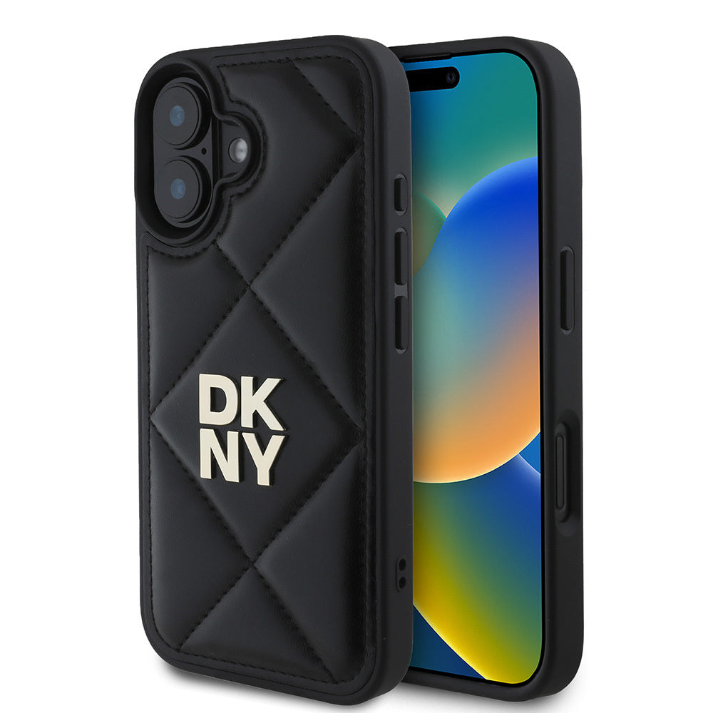 iPhone 16 Kılıf DKNY Orjinal Lisanslı Kapitone Tasarımlı Metal Logolu Deri Kılıf Siyah